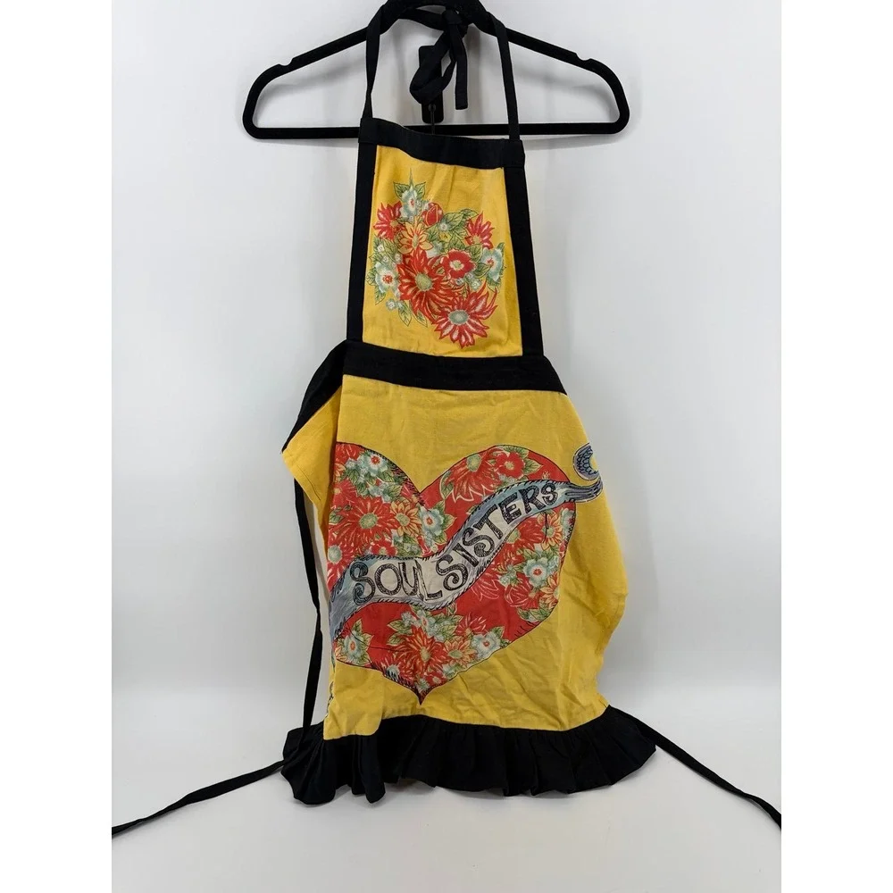 Soul Sisters Apron, Floral Heart Tattoo Graphic, Black Ruffle Hem, Size 23
